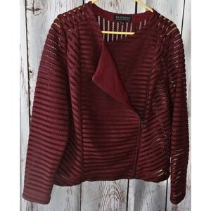 Eloquii Women's Asymmetrical Zip Blazer Burgundy Red Sheer With Stripes Size 14‎